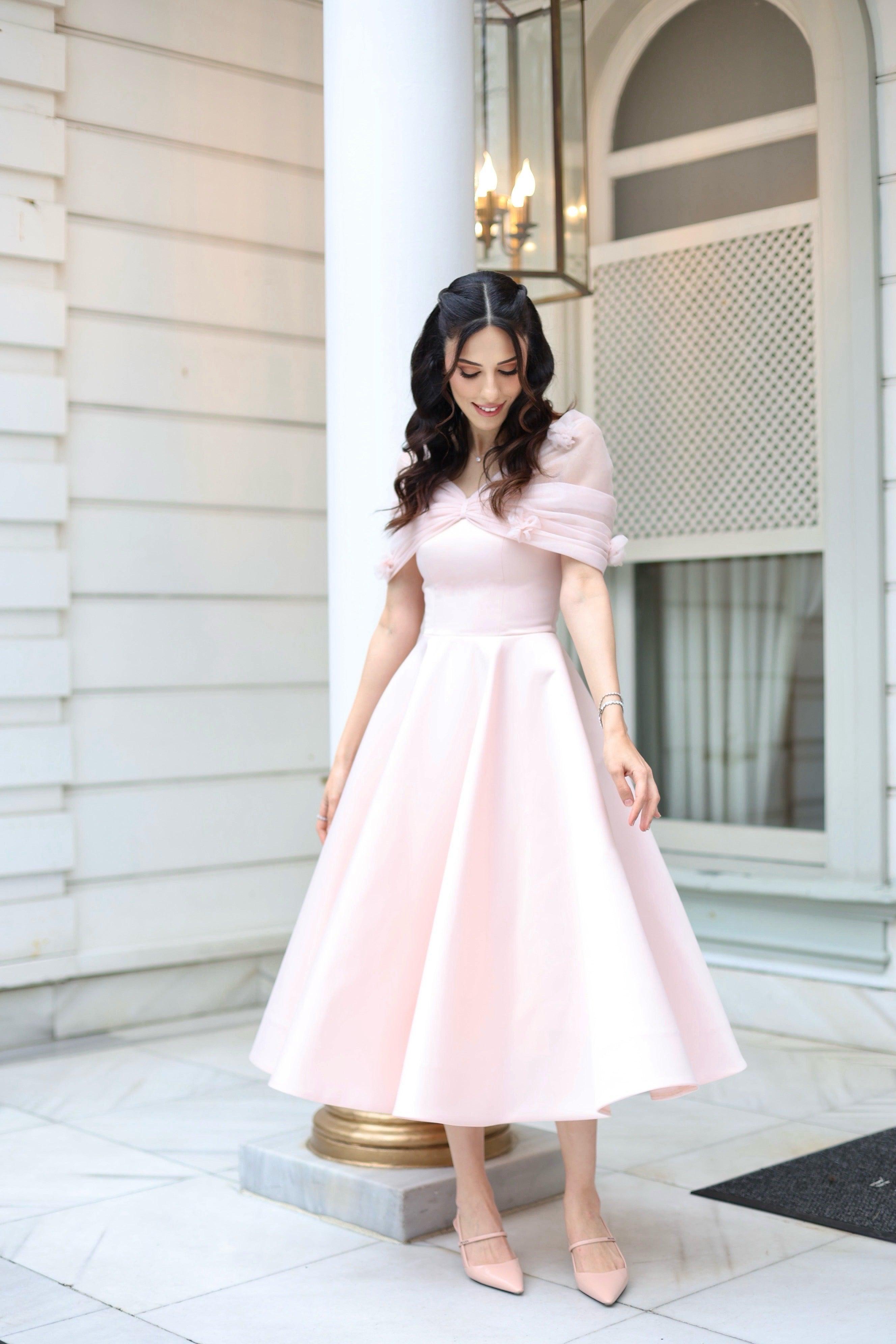 Flower Pembe Düşük Omuz Elbise - MyRentalDress