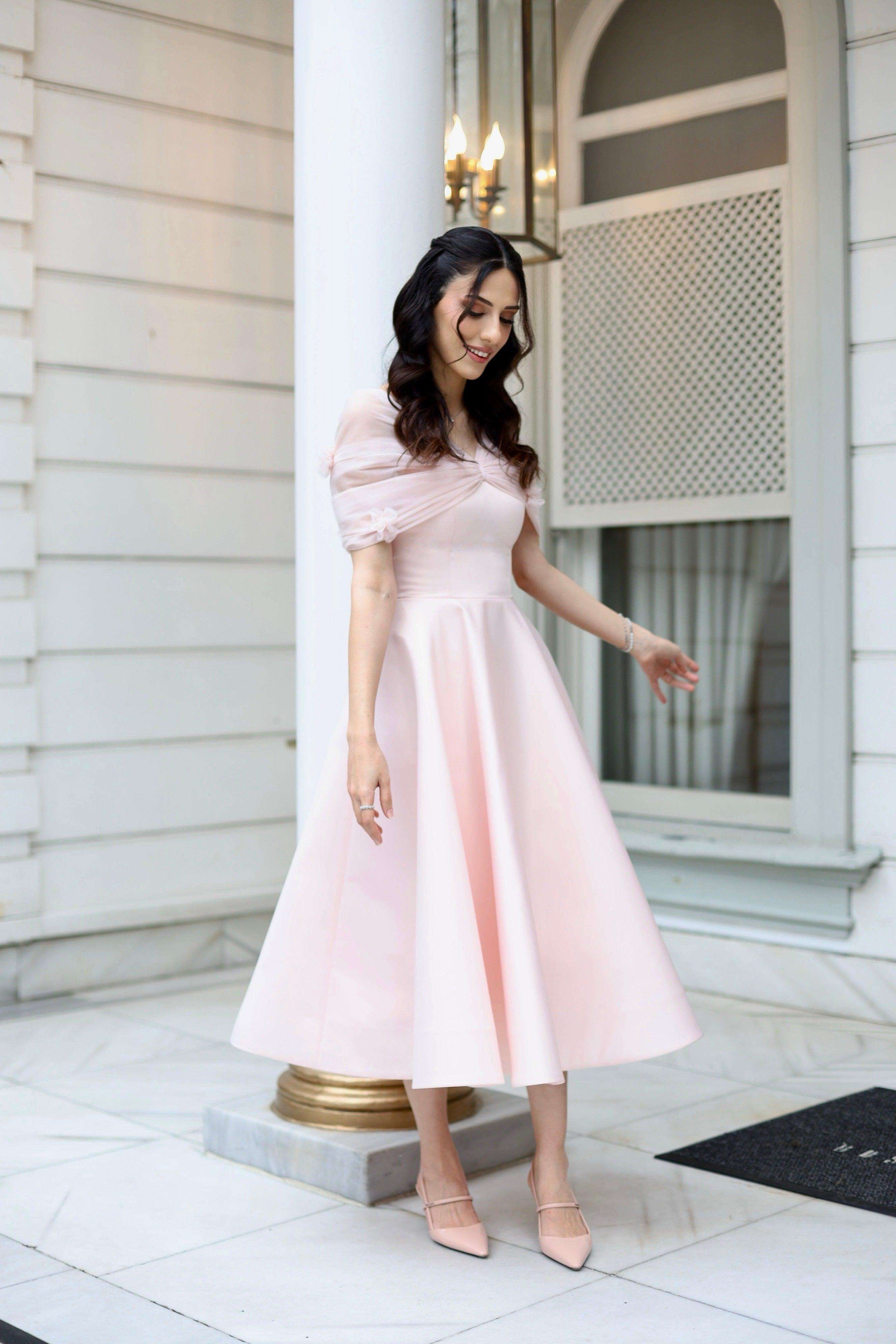 Flower Pembe Düşük Omuz Elbise - MyRentalDress